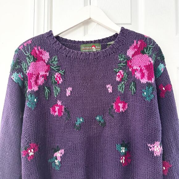 Outback Red Heirloom Collection Purple Handknit Pink Floral Rose Vintage Sweater - Picture 7 of 11